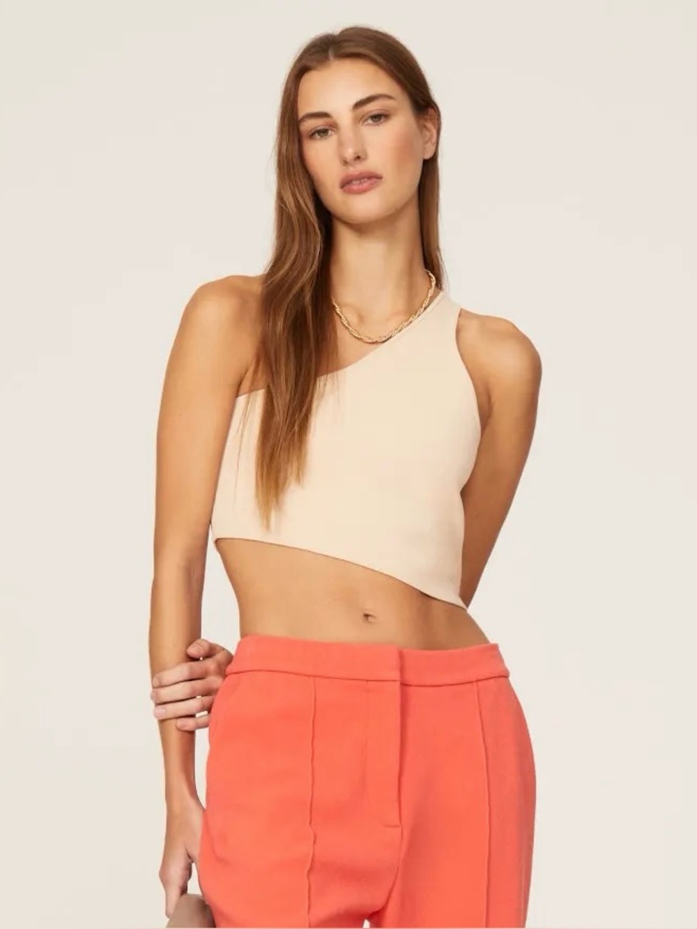 A.L.C. Colby One-Shoulder Crop Top in Nude Beige